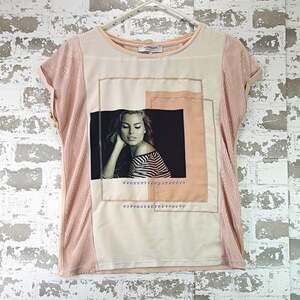 Morgan Women’s XS Beige/Pink Graphic Studded Knit Tee Round Neck 10123510-01